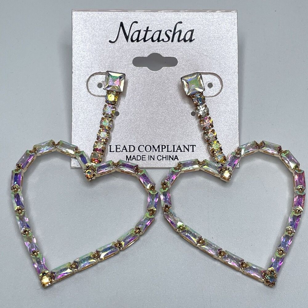 Natasha Couture Gold Tone Baguette AB Crystal Rhinestone Heart Earrings Dangles
